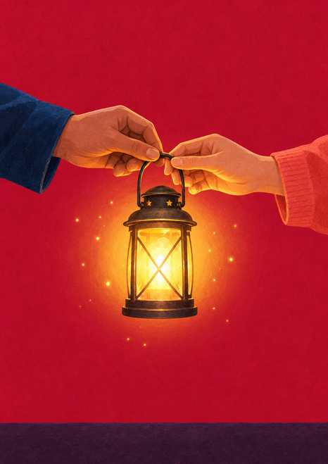 Two hands in blue and coral sleeves meet at the handle of a glowing lantern against a red background with a dark plum band.