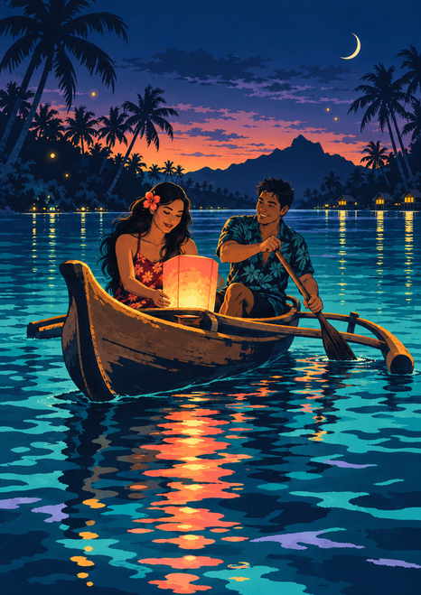 Two people in an outrigger-style canoe at night, with one holding a glowing lantern and the other paddling across teal water.