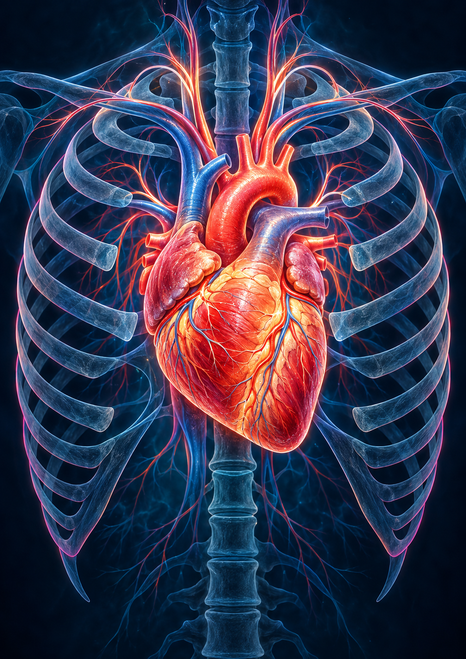 Vivid red human heart framed by a translucent rib cage and spine, with blue-violet vessels against a deep navy background.