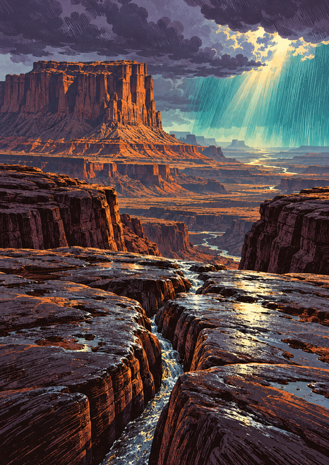 An orange flat-topped mesa rises beyond a wet canyon as a stream leads toward turquoise rain beneath a break in storm clouds.