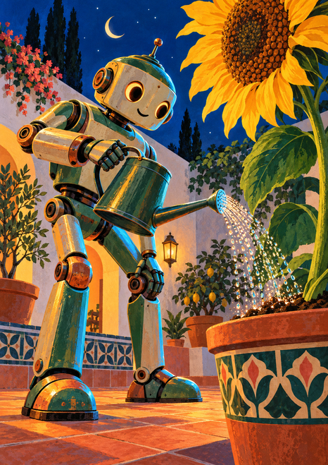Articulated metal robot watering a large golden sunflower in a tiled courtyard at night, with potted plants, a crescent moon, and stars.