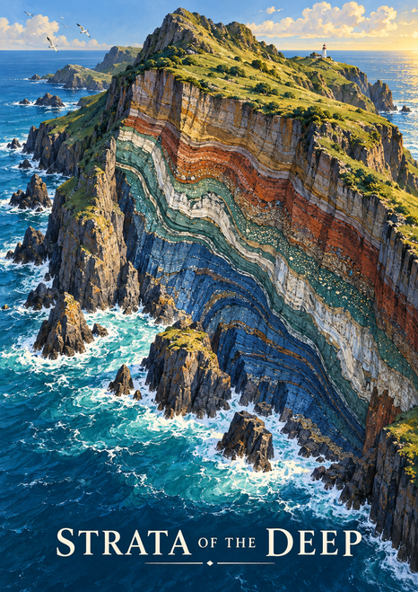 Rugged island with multicolored cliff strata surrounded by turquoise surf, with a small lighthouse, birds, and the title “STRATA OF THE DEEP.”