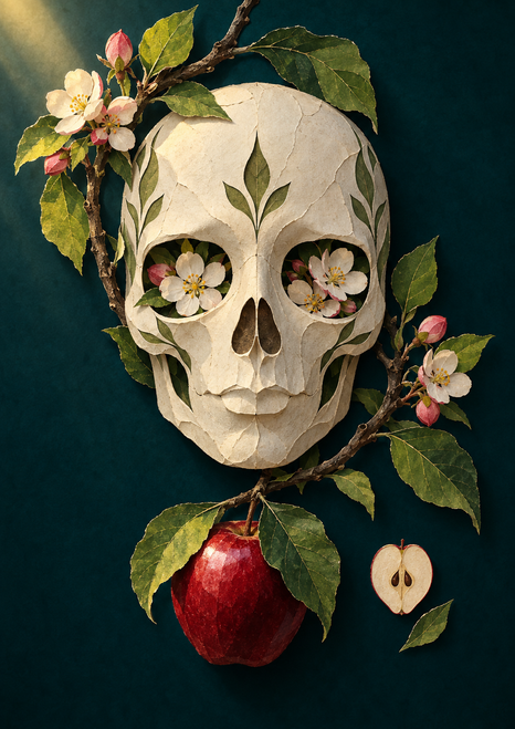 Pale skull-like mask with blossoms in its eye sockets, framed by apple branches, a hanging red apple, and a seeded apple cross-section.