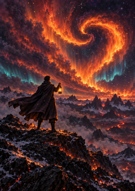 A cloaked figure raises a small glowing lantern toward a vast orange spiral in the sky above a dark rocky ridge and distant peaks.