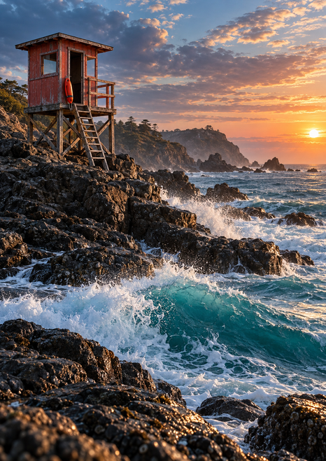 A coral-red lifeguard lookout on stilts stands above dark rocks and foaming turquoise waves, with a rescue float beside its doorway.