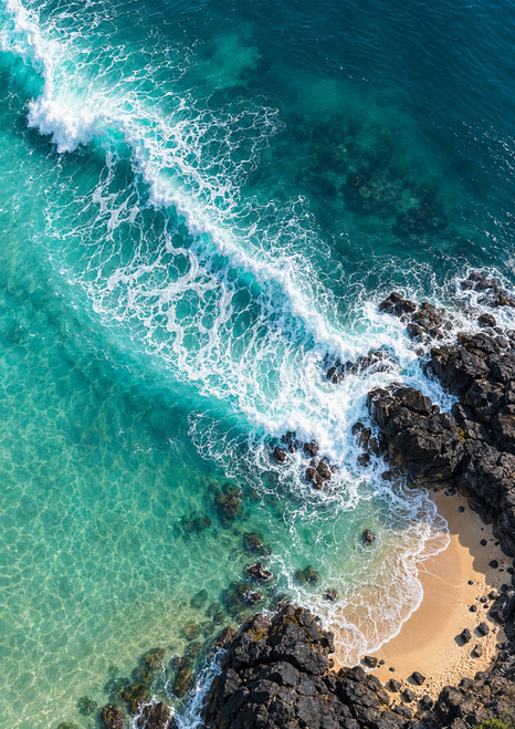 Aerial view of a turquoise wave breaking into white foam beside dark rocks and a small crescent of sand.