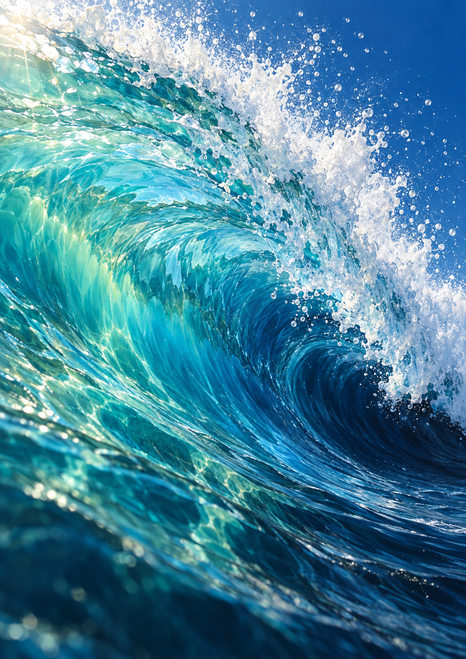 A large turquoise wave curls into a deep navy trough beneath a burst of white spray and droplets.