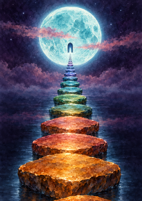 A path of colored stone platforms crosses dark water toward a small arched doorway in front of a luminous turquoise moon.