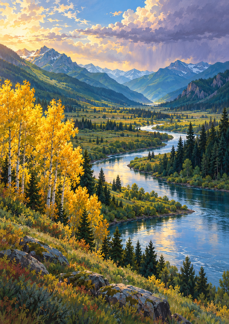 A winding river crosses a mountain valley beneath golden aspens, evergreen slopes, distant mountains, and luminous clouds.