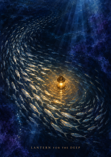 A glowing brass lantern floats over dark water inside a sweeping spiral of silver fish, with the title LANTERN FOR THE DEEP along the bottom.