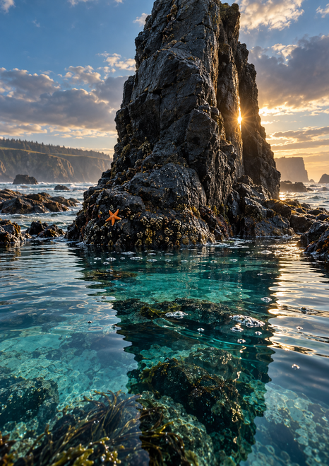 Dark sea stack split by a narrow sun flare, reflected in a turquoise tide pool with a small orange starfish near the waterline.