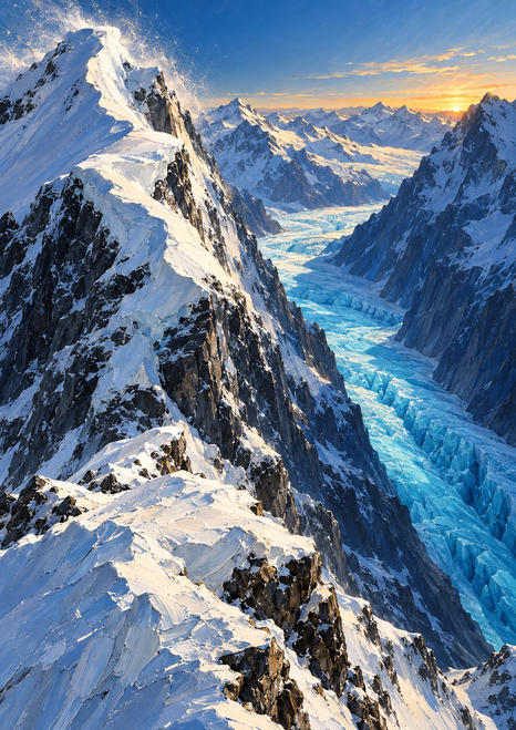 Turquoise glacier winding through a high alpine valley between a sharply lit snowy peak and a shadowed mountain wall.