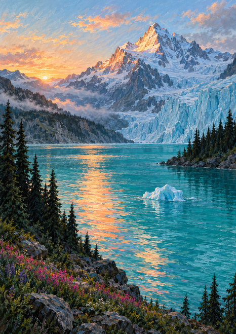 Turquoise alpine lake with a small iceberg below a jagged glacier and mountain range at sunrise, framed by dark evergreens and pink-purple wildflowers.