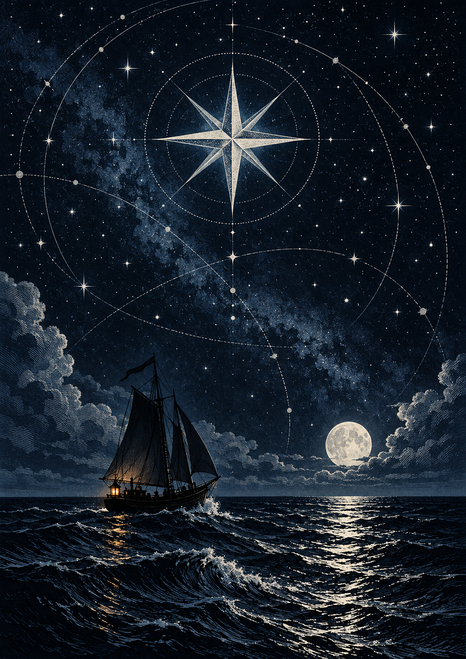 Small sailing vessel with an amber light crossing a reflective dark sea beneath an eight-point star, circular arcs and a low moon.