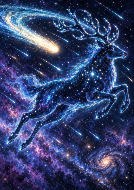 Luminous blue-white stag-like creature with branching antlers leaping through indigo and violet nebulae, with a comet above and spiral galaxy below.