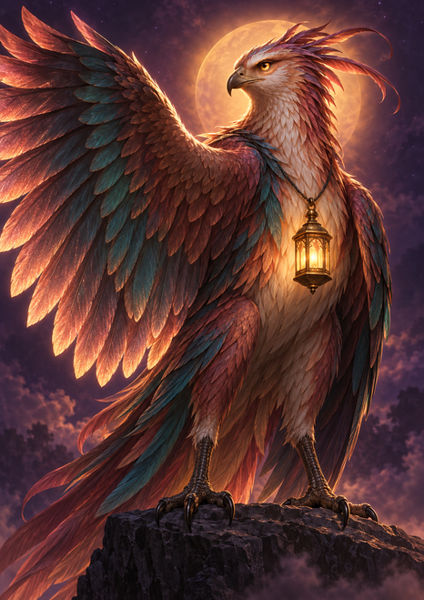 Eagle-like fantasy guardian with one wing spread and a glowing golden lantern hanging at its chest, standing on a stone ledge.