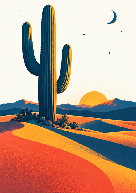 Two-armed saguaro cactus above sweeping coral and orange dunes, with distant mountains, a golden sun, crescent moon, and stars.