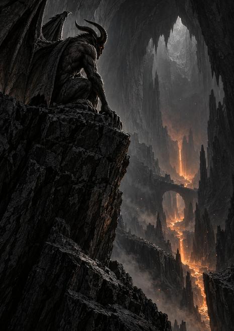Horned winged figure crouched on a rocky ledge in a dark cavern, looking toward a distant orange-lit fissure.