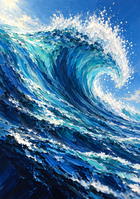 A large cobalt and turquoise wave curls into white spray above dark water beneath a pale sky.