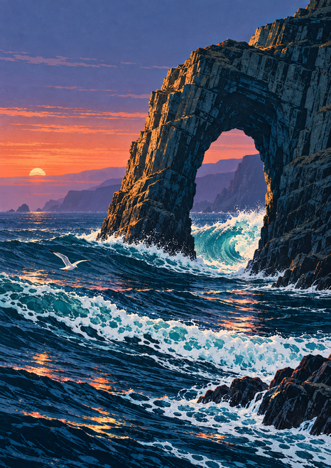 A towering rocky sea arch rises above dark water as a turquoise wave curls through its opening beneath a coral sunset.