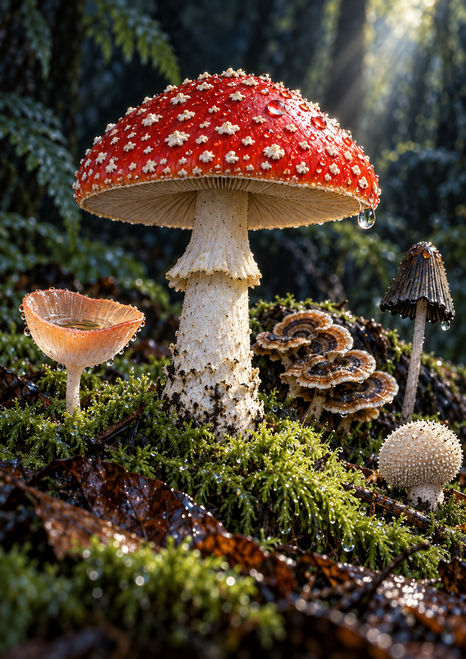 Large red-and-white-spotted fly agaric rising from wet moss, surrounded by a cup-shaped fungus, shelf mushrooms, a slender dark mushroom and a small puffball.