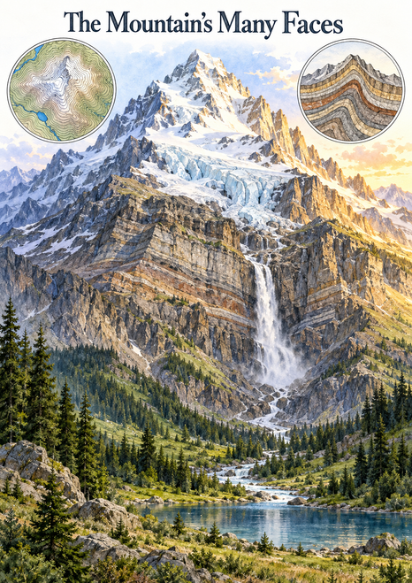 A tall snow-covered mountain with a glacier, layered rock, central waterfall, forested lake basin, and two circular geological illustrations.