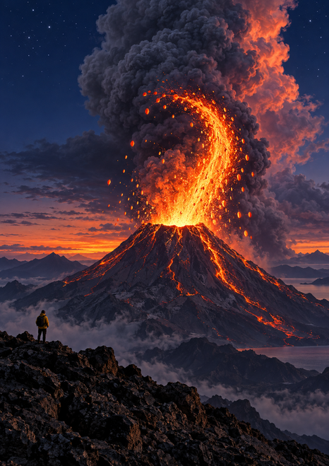 Dark volcanic cone erupting beneath a large charcoal smoke plume, with an orange crescent of lava overhead and a small yellow-jacketed observer on a rocky ridge.