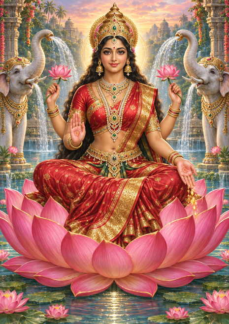 A richly adorned woman sits on a pink lotus holding lotus flowers, flanked by two elephants, fountains, and temple-like architecture.