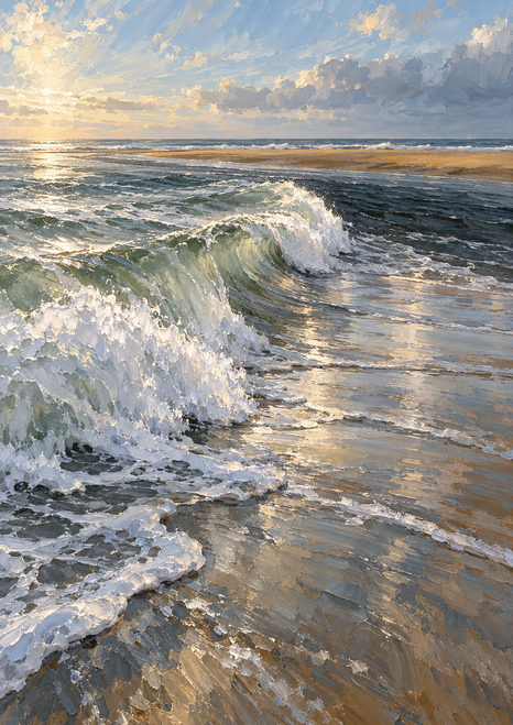 A curling white-and-green breaker rolls toward a dark tidal channel across reflective wet shore beneath a broad sky.