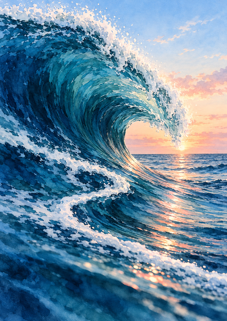 Large blue ocean wave curls around a bright sunrise horizon, with a foamy crest and warm reflections on the foreground water.