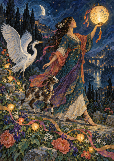 An adult woman in an ornate dress raises a glowing patterned lantern as a white heron and brindled goat move through a flower-filled nighttime scene.