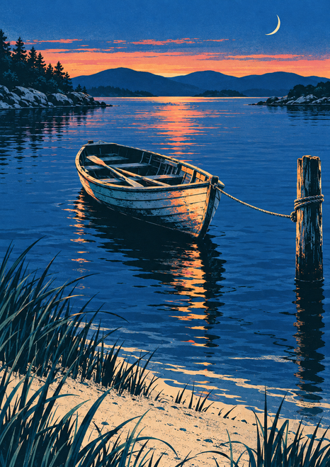 Empty wooden rowboat with oars tied to a post in a blue inlet, with a reflection, reeds, rounded hills, crescent moon, and sunset colors.