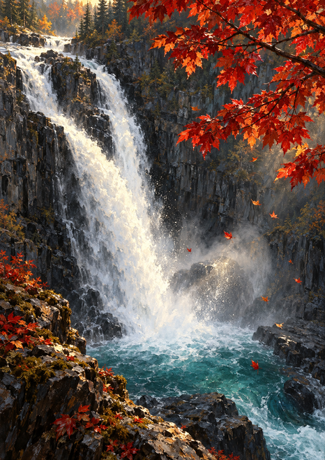 White waterfall dropping between dark gorge walls into a turquoise pool beneath red-orange maple foliage.