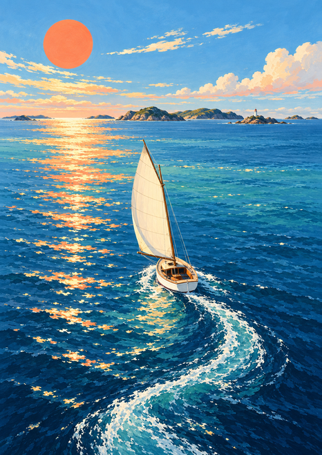 A small cream-sailed boat crosses bright blue water beneath a coral sun, with a curved wake, distant islands and a tiny lighthouse.