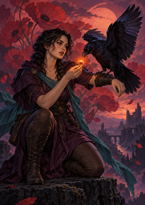 A woman in plum clothing offers a glowing orange flower to a black raven on her forearm against a rose-toned sky filled with poppy-like flowers.