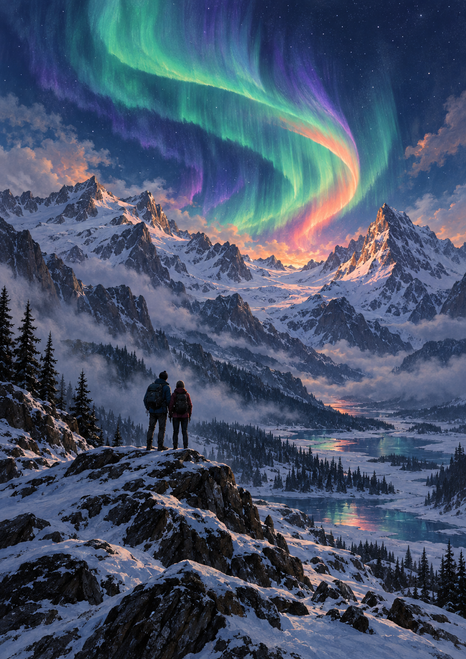 Two hikers on a snowy ridge look toward a sweeping green, teal and violet aurora above snowy mountains and reflective valley water.