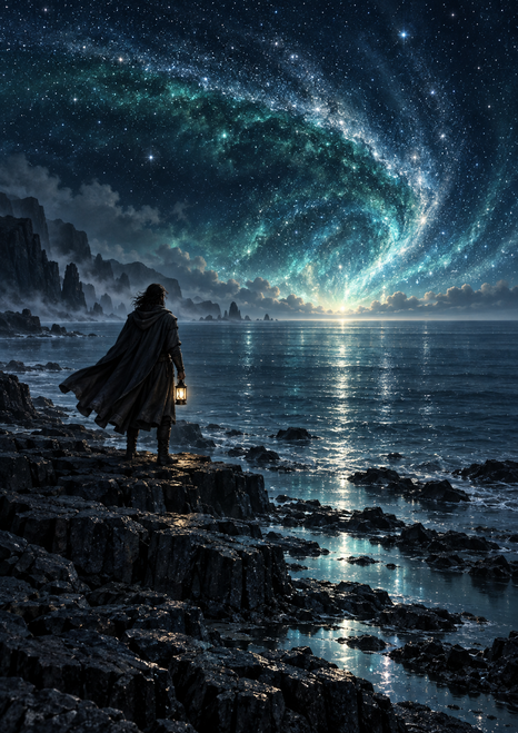 Cloaked traveler holding a lantern on a dark rocky shore, facing a curling band of stars reflected across the night sea.