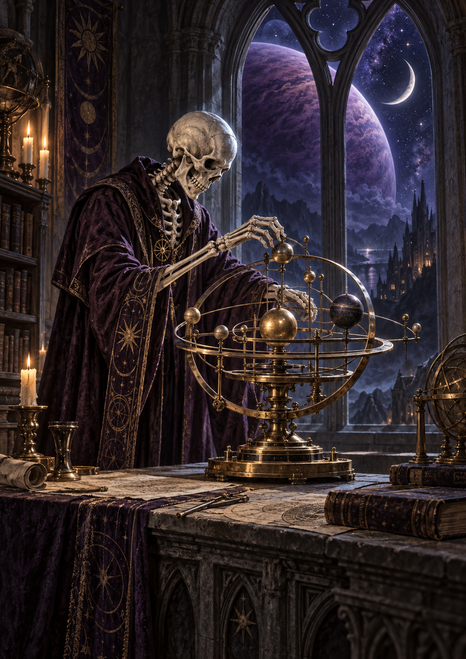 A robed skeleton leans over a brass orrery on a stone table in a candlelit gothic room, beneath a window showing a violet planet and crescent moon.