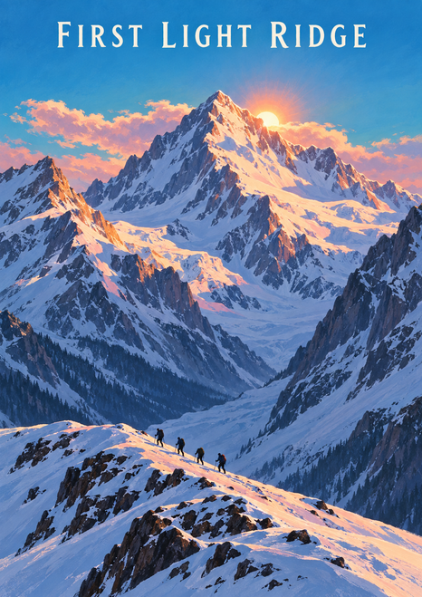 Snow-covered central mountain summit at sunrise above layered ridges, with tiny climbers crossing a foreground ridge and “FIRST LIGHT RIDGE” lettering at the top.