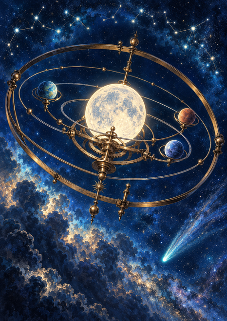 Luminous moon centered in an ornate brass orrery, with three colorful planets, elliptical rings, stars, and a diagonal comet against a deep blue sky.