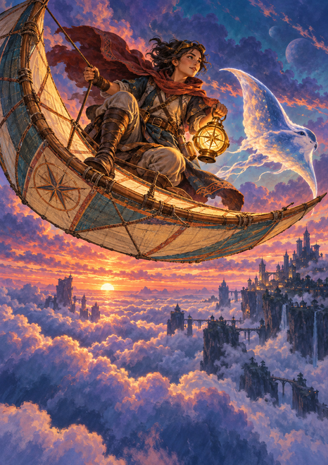 A traveler holding a glowing lantern rides a crescent-shaped flying craft above violet clouds, accompanied by a pale manta-like creature.