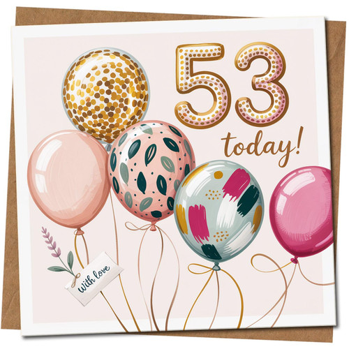 53rd Birthday Card - Balloons Design - 145mm x 145mm Square - '53 Today!' With Love Tag -, Includes Kraft Envelope