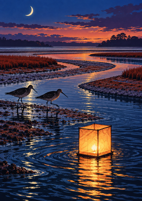 Amber paper lantern floating on a winding blue tidal channel at dusk, with two shorebirds on a rust-colored bank and a crescent moon overhead.
