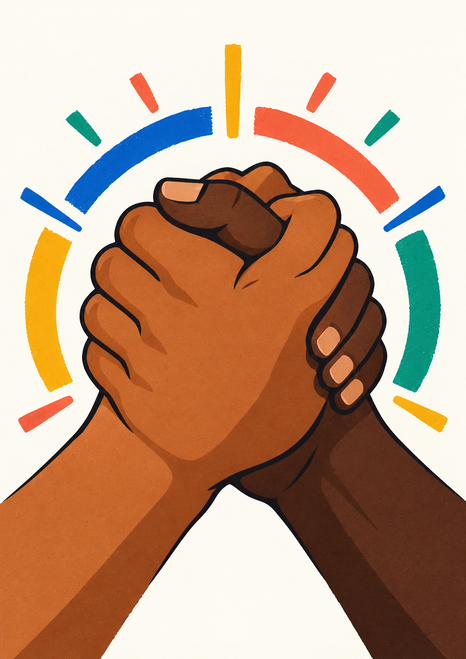 Two differently toned hands clasp firmly beneath a broken multicolor arc and short rays on a pale background.
