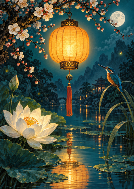 Amber lantern glowing above a pond, with a perched kingfisher, white lotus, plum blossoms, moon, and distant garden buildings.