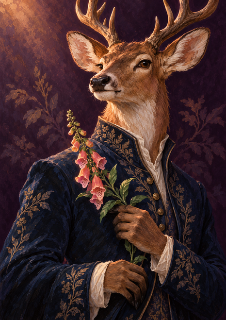 Deer-headed courtier in an embroidered blue jacket holding pink foxglove against a dark plum background.