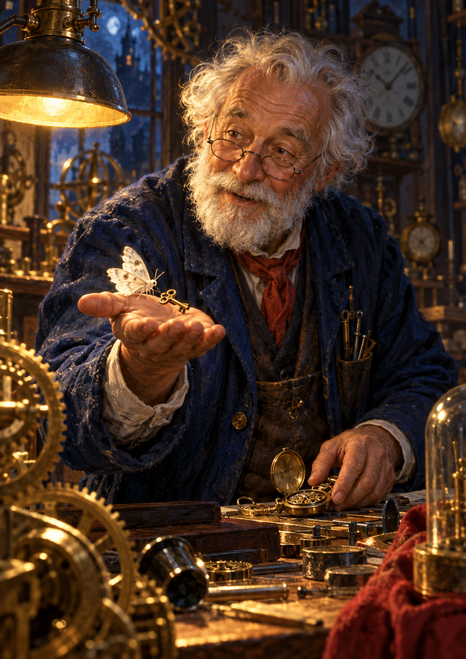 Elderly white-haired clockmaker in a dark blue coat offering a small brass key beside a white moth on his palm, with a pocket watch and workshop tools.
