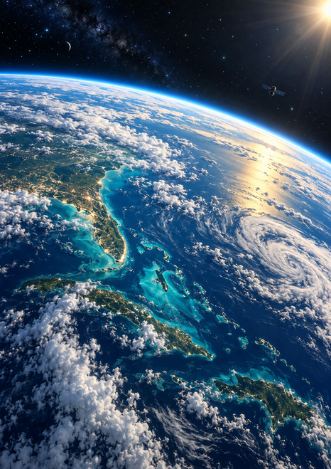 Earth’s curved blue horizon and bright atmospheric rim seen from space, with clouds, ocean, a coastline, stars, sunlight, and a small satellite.