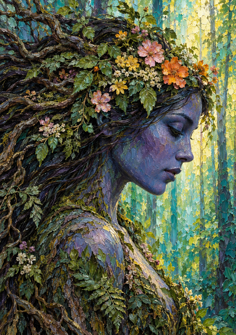 Blue-toned profile of Gaia with lowered gaze, hair crowned with green leaves and colorful flowers against a luminous yellow-green background.