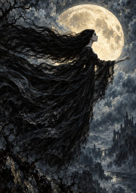 Nyx portrayed as a moonlit woman reaching outward in profile, her black hair and cloak sweeping across clouds above rocky ground, water and distant towers.
